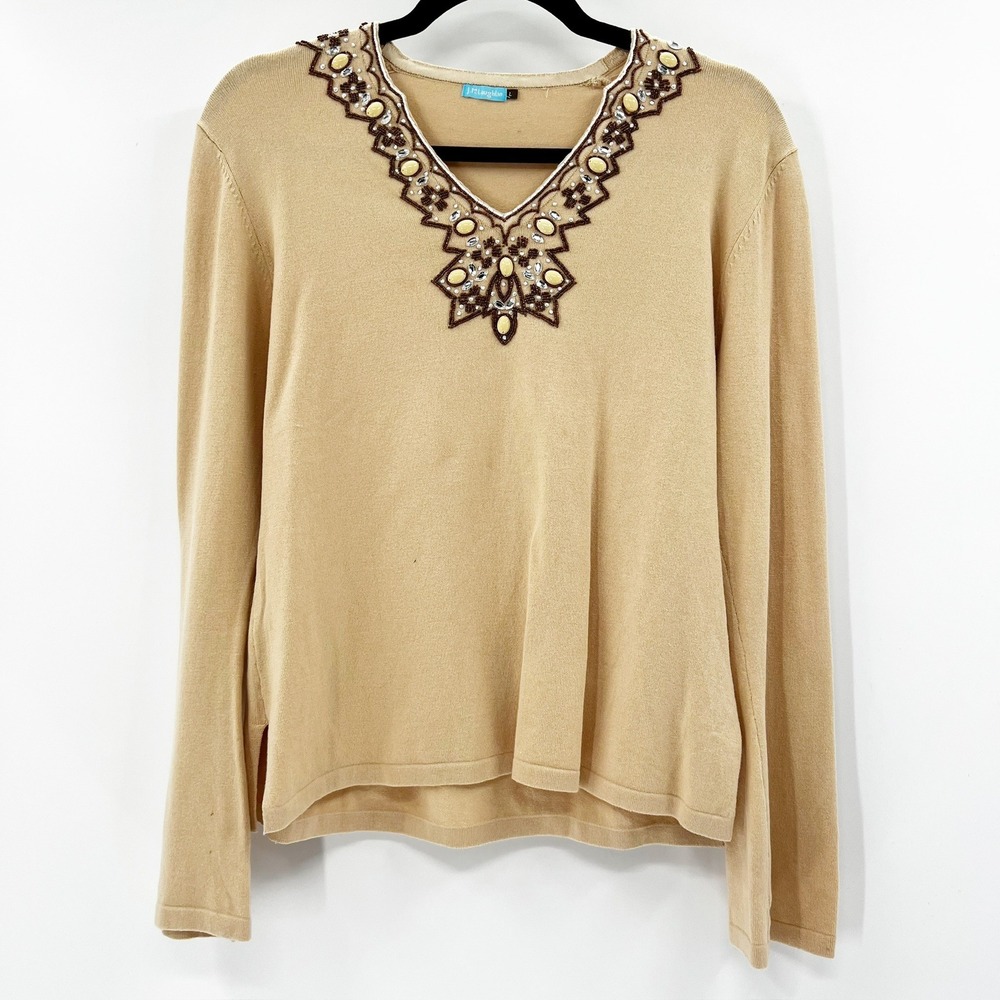 J.McLaughlin Womens Tan Beaded Embroidered V-Neck Cotton Modal‎ Sweater Large L